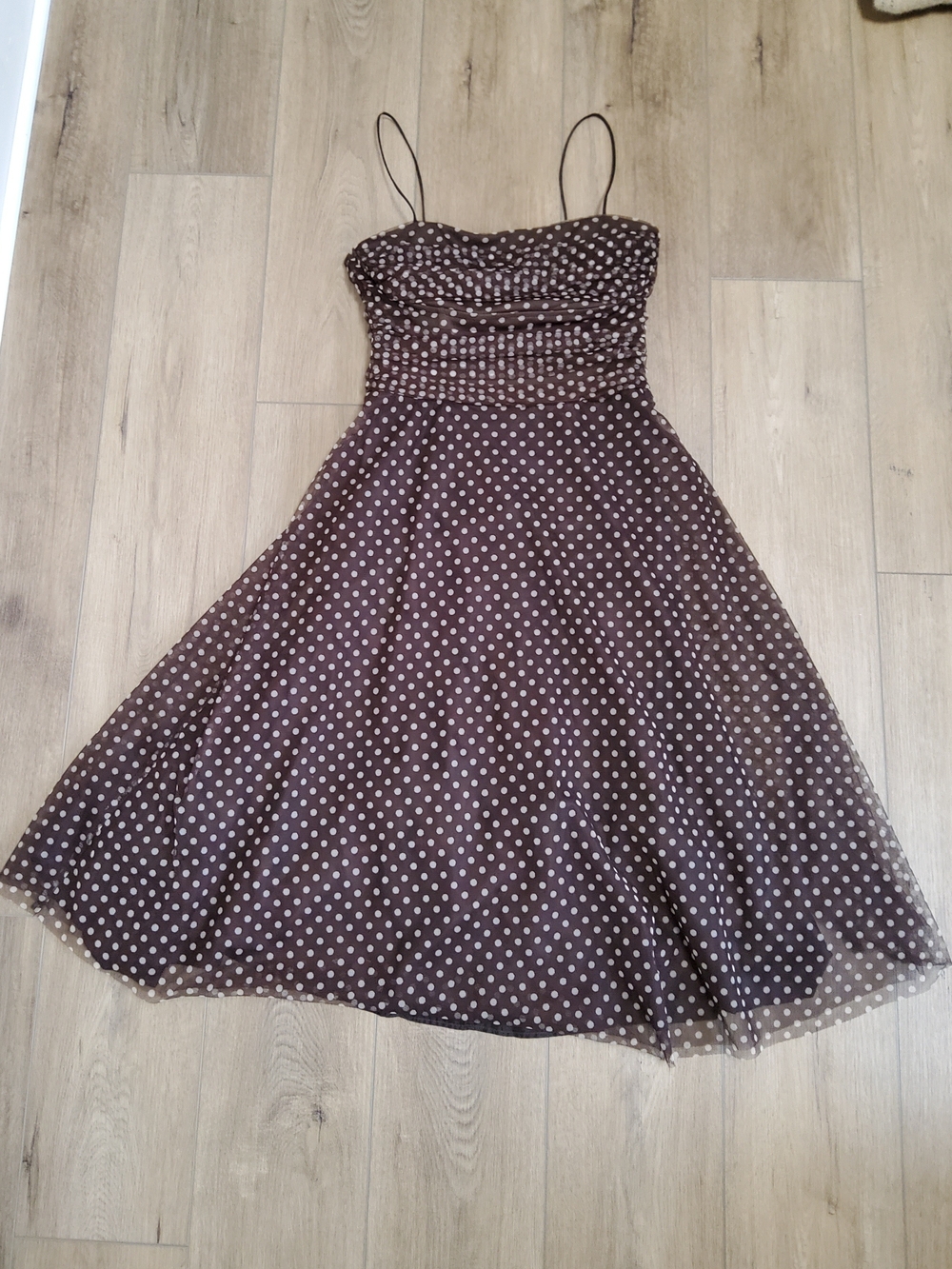Eliza J Brown Polka Dot Spaghetti-Strap Crinoline Tulle Lined Midi Dress